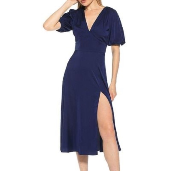 Alexia Admor Dresses & Skirts - ALEXIA ADMOR Nola Fit & Flare A-line Navy Blue Satin Midi Dress SZ 6 NWT Puff